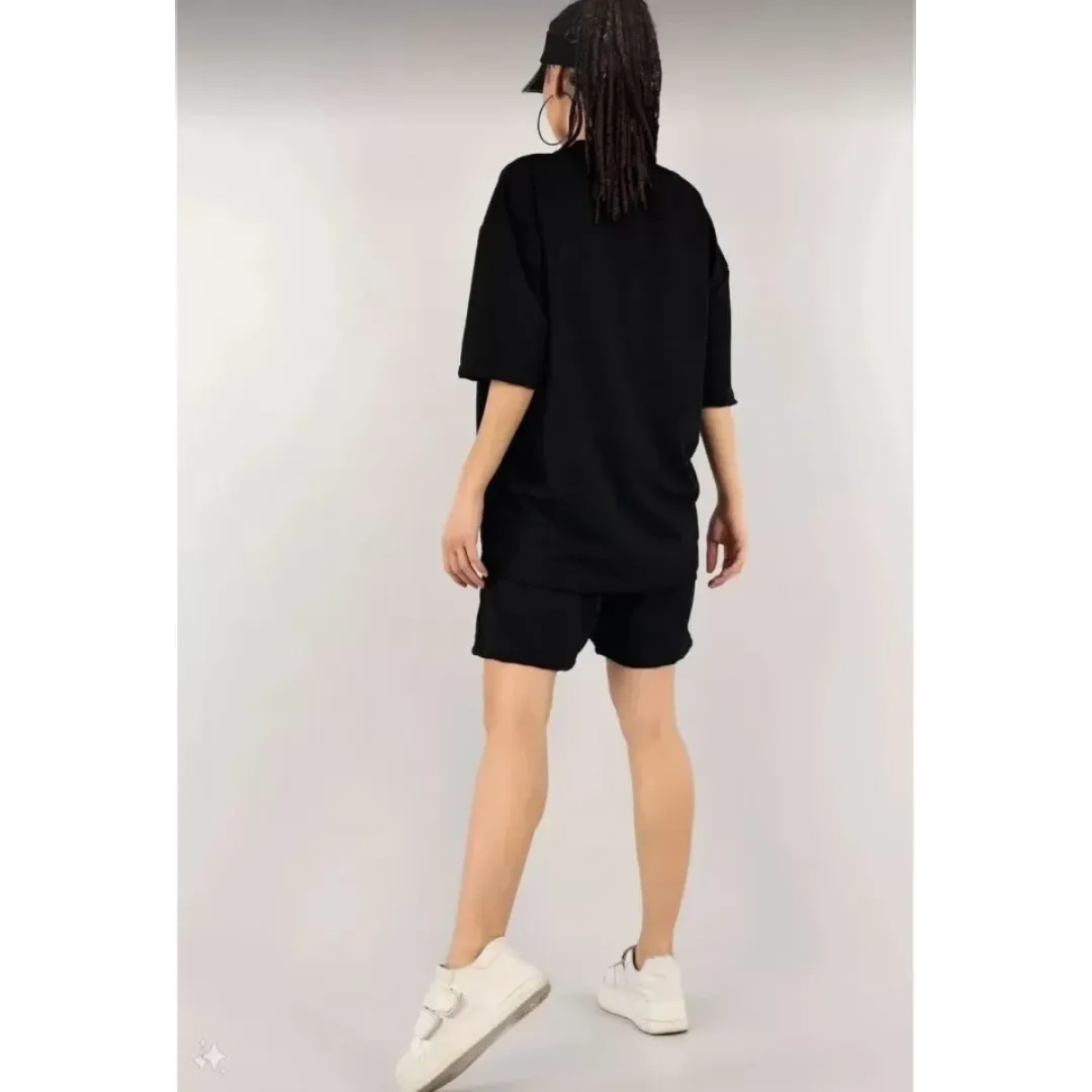 Unisex Nakış İşlemeli Şort Takım - Siyah - 110666 Unisex Nakış İşlemeli Şort Takım - Siyah - 110666