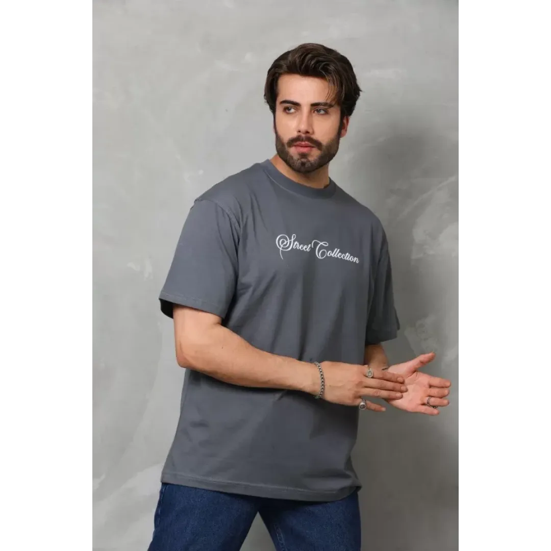 Unisex Bisiklet Yaka Baskılı Oversize T-Shirt - Füme - 112282 Unisex Bisiklet Yaka Baskılı Oversize T-Shirt - Füme - 112282