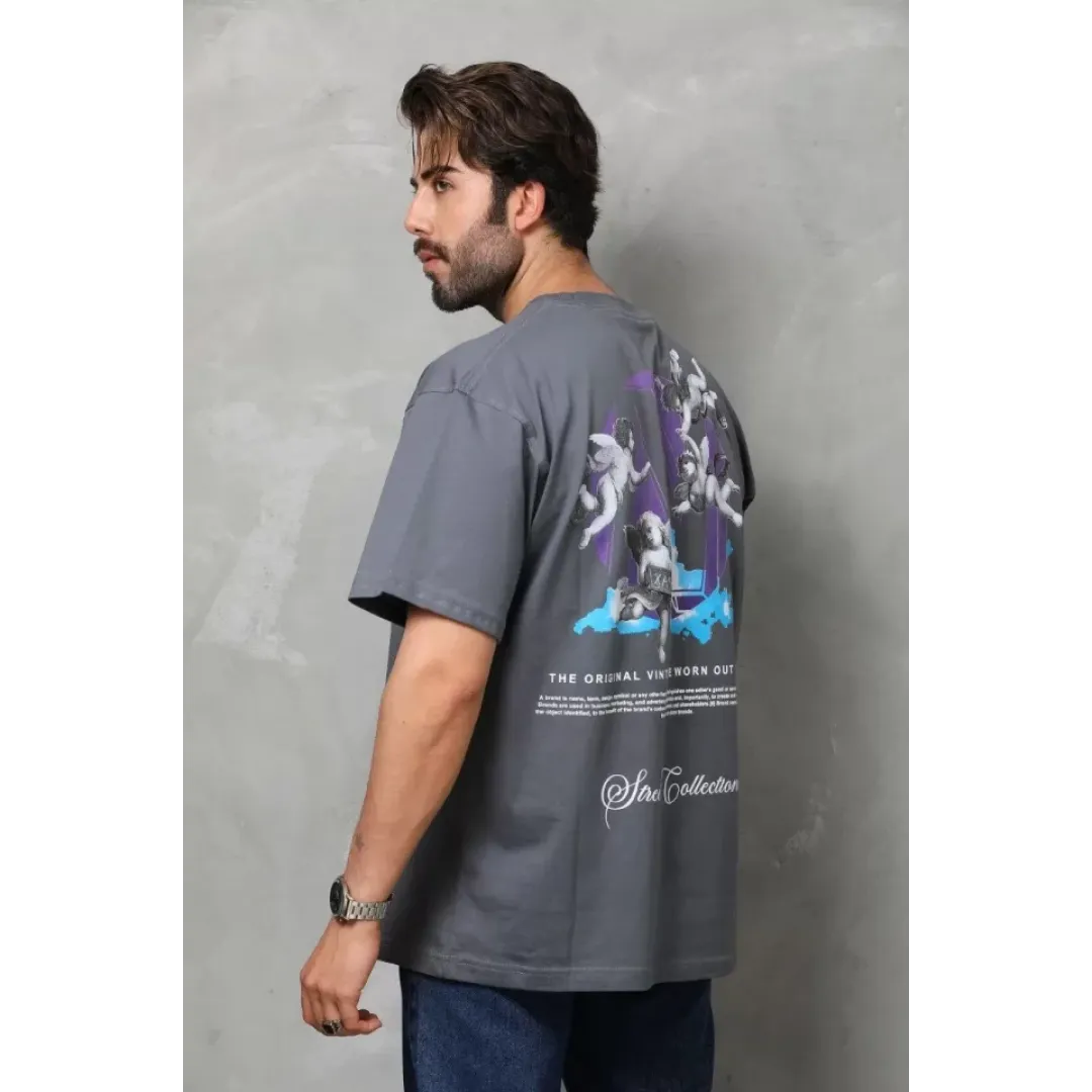 Unisex Bisiklet Yaka Baskılı Oversize T-Shirt - Füme - 112282 Unisex Bisiklet Yaka Baskılı Oversize T-Shirt - Füme - 112282