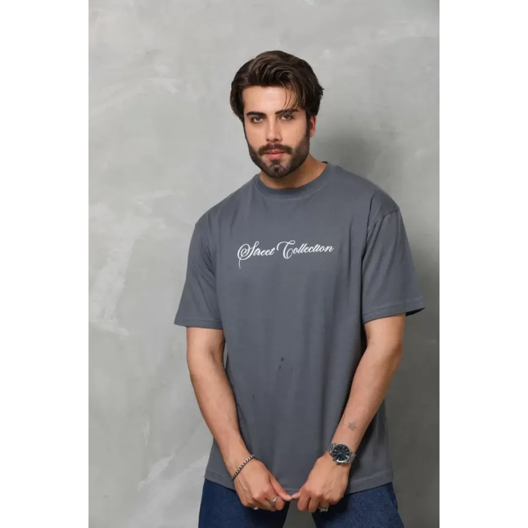 Unisex Bisiklet Yaka Baskılı Oversize T-Shirt - Füme - 112282 Unisex Bisiklet Yaka Baskılı Oversize T-Shirt - Füme - 112282