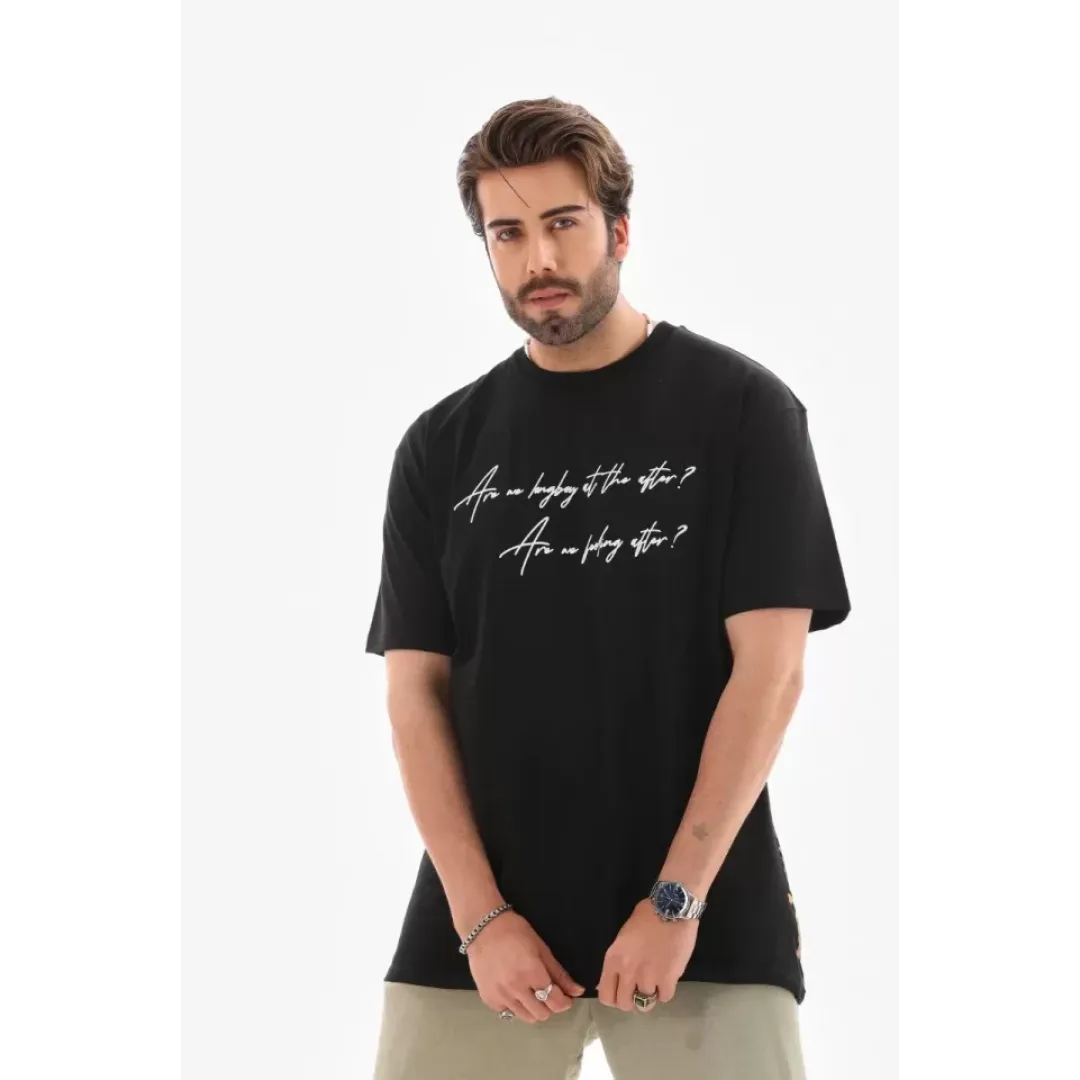 Unisex Bisiklet Yaka Baskılı Oversize T-Shirt - Siyah - 112283 Unisex Bisiklet Yaka Baskılı Oversize T-Shirt - Siyah - 112283