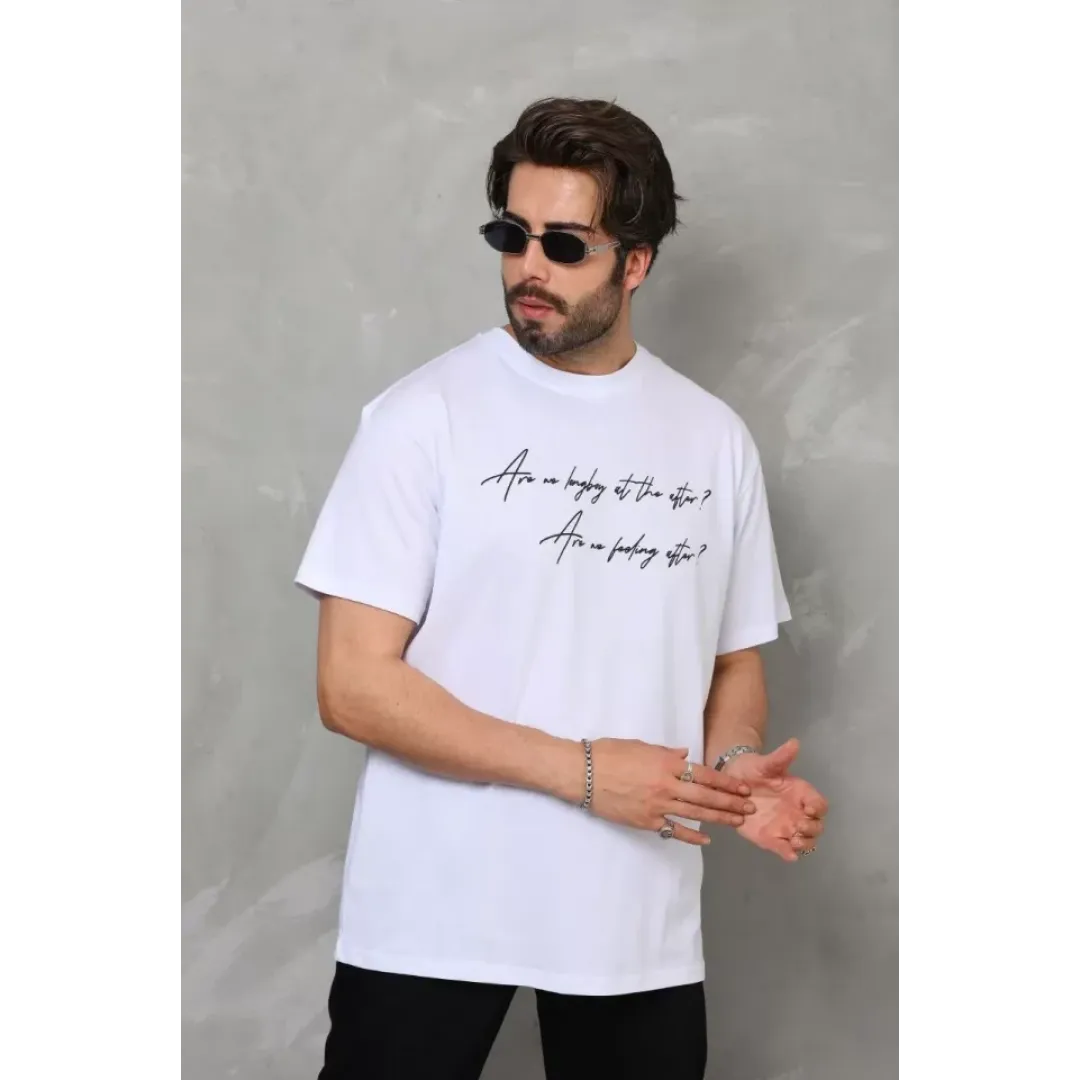 Unisex Bisiklet Yaka Baskılı Oversize T-Shirt - Beyaz - 112284 Unisex Bisiklet Yaka Baskılı Oversize T-Shirt - Beyaz - 112284