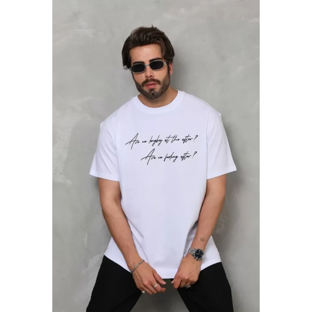 Unisex Bisiklet Yaka Baskılı Oversize T-Shirt - Beyaz - 112284 Unisex Bisiklet Yaka Baskılı Oversize T-Shirt - Beyaz - 112284