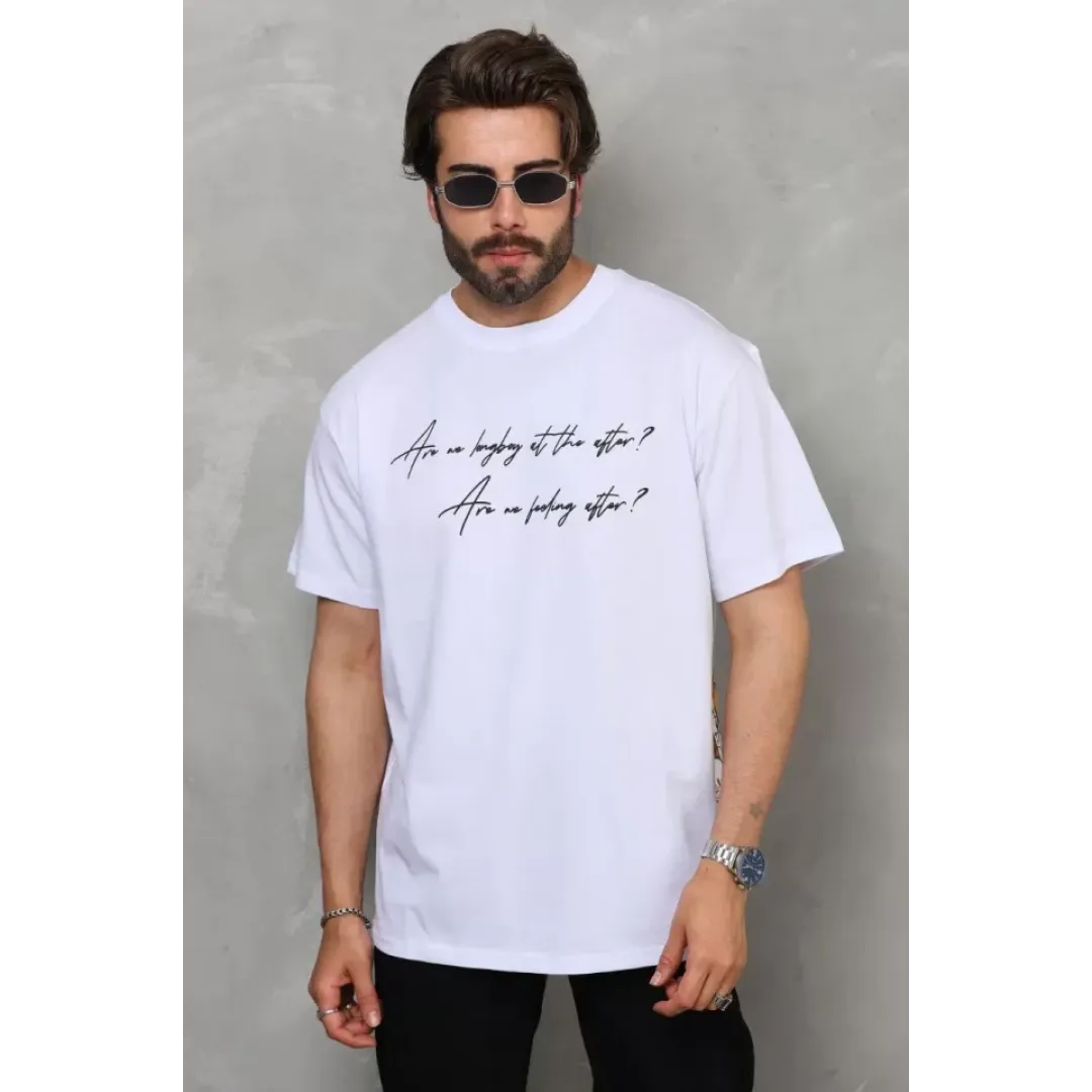 Unisex Bisiklet Yaka Baskılı Oversize T-Shirt - Beyaz - 112284 Unisex Bisiklet Yaka Baskılı Oversize T-Shirt - Beyaz - 112284
