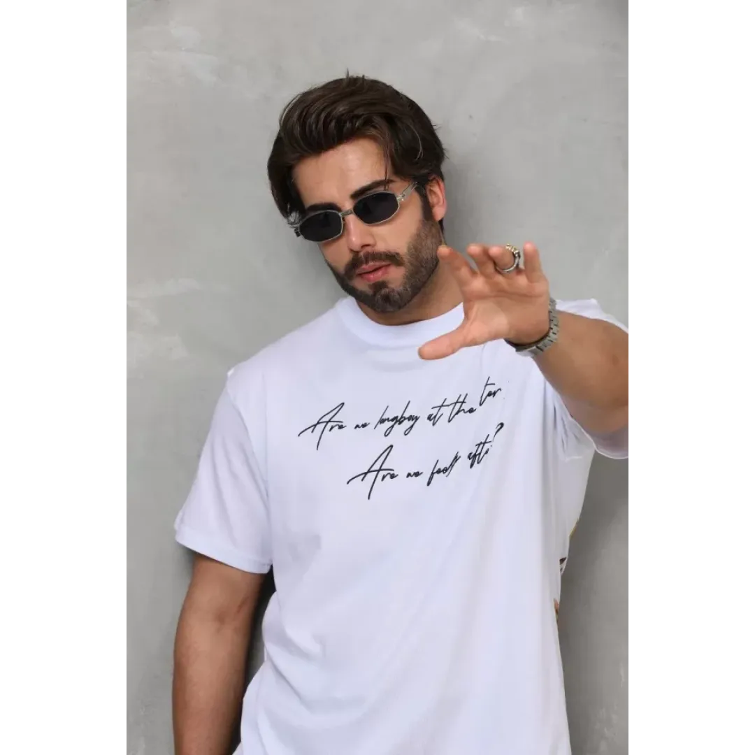 Unisex Bisiklet Yaka Baskılı Oversize T-Shirt - Beyaz - 112284 Unisex Bisiklet Yaka Baskılı Oversize T-Shirt - Beyaz - 112284