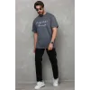 Unisex Bisiklet Yaka Baskılı Oversize T-Shirt - Füme - 112285 Unisex Bisiklet Yaka Baskılı Oversize T-Shirt - Füme - 112285