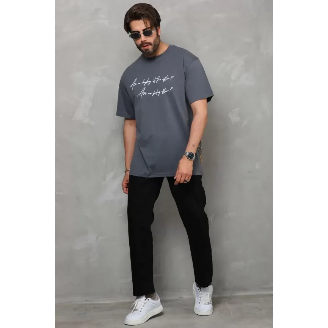 Unisex Bisiklet Yaka Baskılı Oversize T-Shirt - Füme - 112285 Unisex Bisiklet Yaka Baskılı Oversize T-Shirt - Füme - 112285