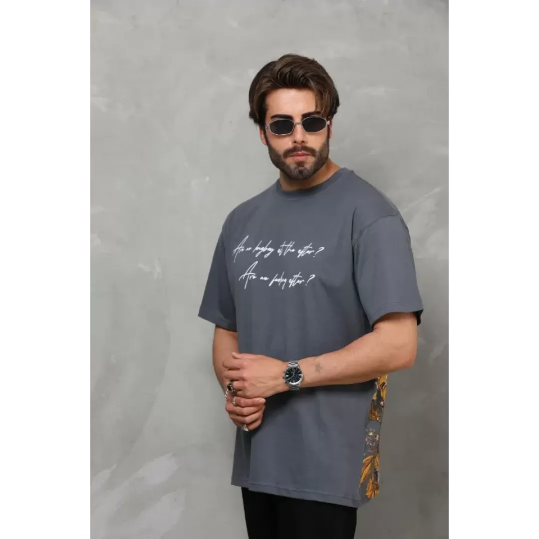 Unisex Bisiklet Yaka Baskılı Oversize T-Shirt - Füme - 112285 Unisex Bisiklet Yaka Baskılı Oversize T-Shirt - Füme - 112285