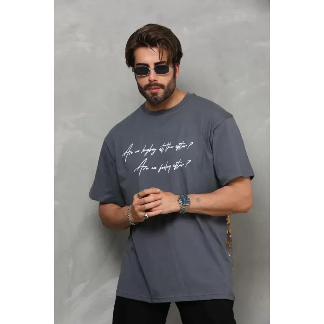 Unisex Bisiklet Yaka Baskılı Oversize T-Shirt - Füme - 112285 Unisex Bisiklet Yaka Baskılı Oversize T-Shirt - Füme - 112285