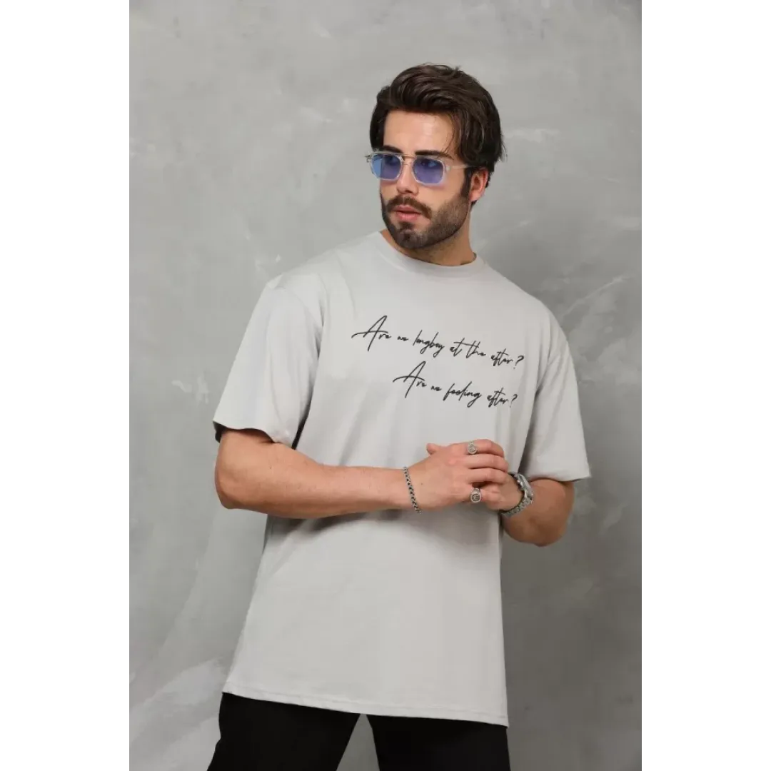 Unisex Bisiklet Yaka Baskılı Oversize T-Shirt - Gri - 112286 Unisex Bisiklet Yaka Baskılı Oversize T-Shirt - Gri - 112286