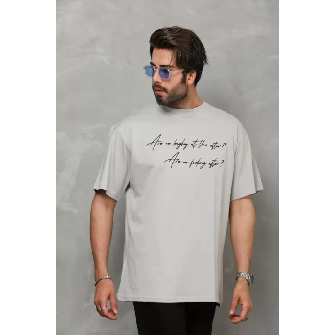 Unisex Bisiklet Yaka Baskılı Oversize T-Shirt - Gri - 112286 Unisex Bisiklet Yaka Baskılı Oversize T-Shirt - Gri - 112286