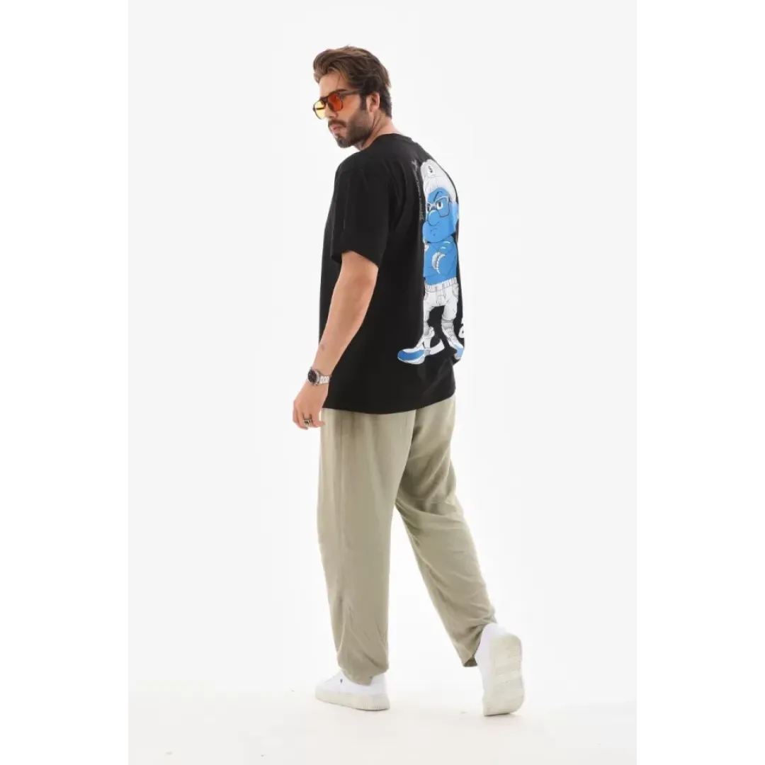 Unisex Bisiklet Yaka Baskılı Oversize T-Shirt - Siyah - 112287 Unisex Bisiklet Yaka Baskılı Oversize T-Shirt - Siyah - 112287