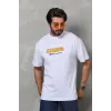 Unisex Bisiklet Yaka Baskılı Oversize T-Shirt - Beyaz - 112288
