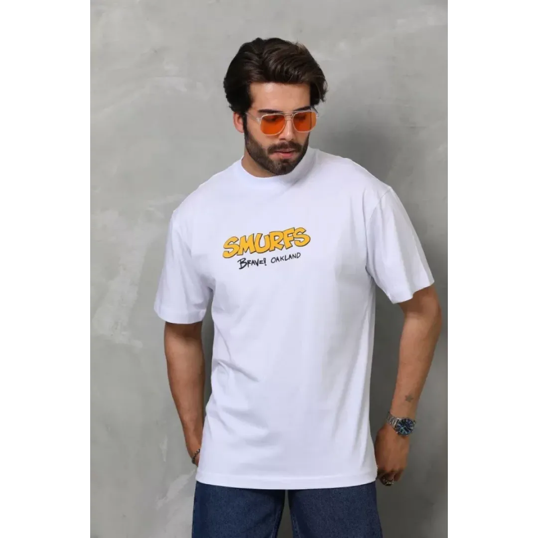 Unisex Bisiklet Yaka Baskılı Oversize T-Shirt - Beyaz - 112288