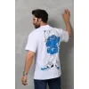 Unisex Bisiklet Yaka Baskılı Oversize T-Shirt - Beyaz - 112288