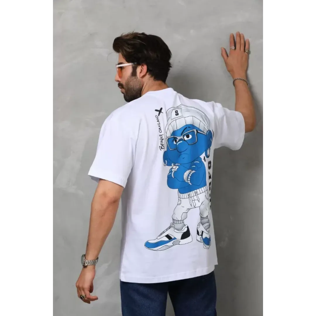 Unisex Bisiklet Yaka Baskılı Oversize T-Shirt - Beyaz - 112288