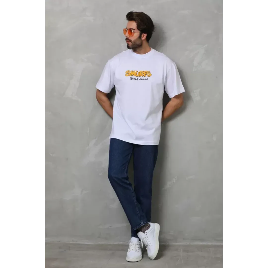 Unisex Bisiklet Yaka Baskılı Oversize T-Shirt - Beyaz - 112288