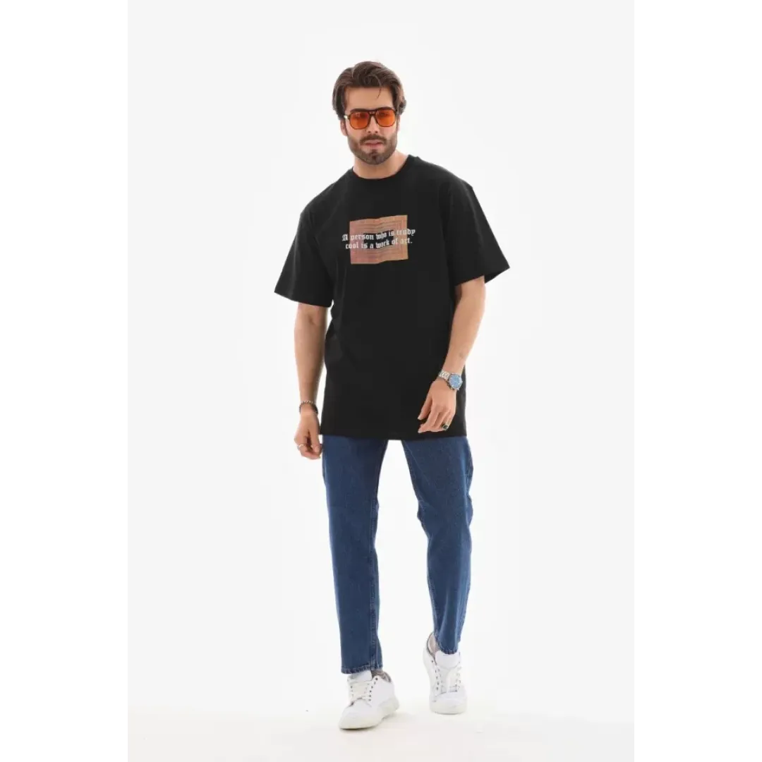 Unisex Bisiklet Yaka Baskılı Oversize T-Shirt - Siyah - 112310 Unisex Bisiklet Yaka Baskılı Oversize T-Shirt - Siyah - 112310