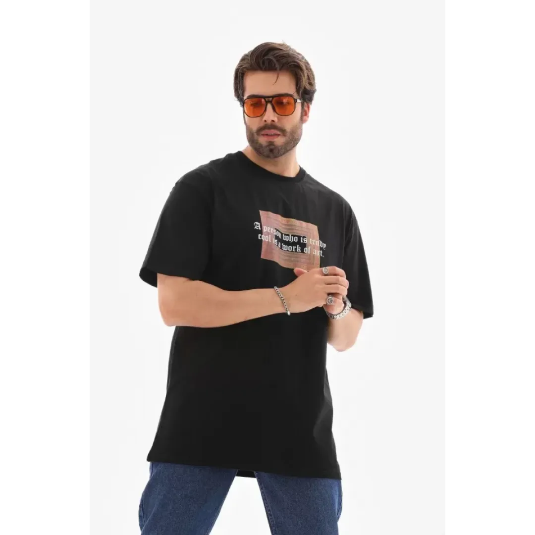 Unisex Bisiklet Yaka Baskılı Oversize T-Shirt - Siyah - 112310 Unisex Bisiklet Yaka Baskılı Oversize T-Shirt - Siyah - 112310