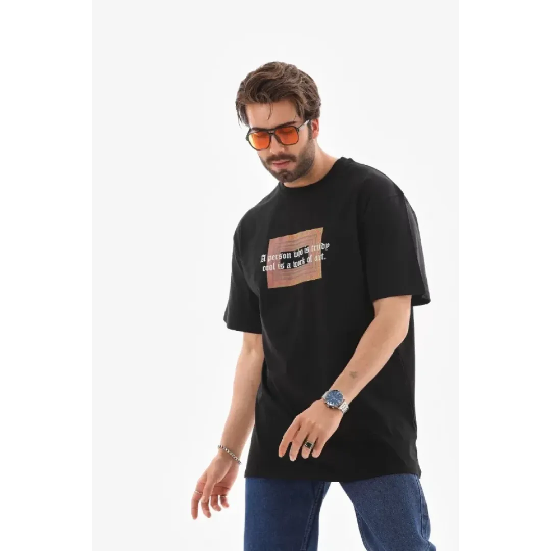 Unisex Bisiklet Yaka Baskılı Oversize T-Shirt - Siyah - 112310 Unisex Bisiklet Yaka Baskılı Oversize T-Shirt - Siyah - 112310