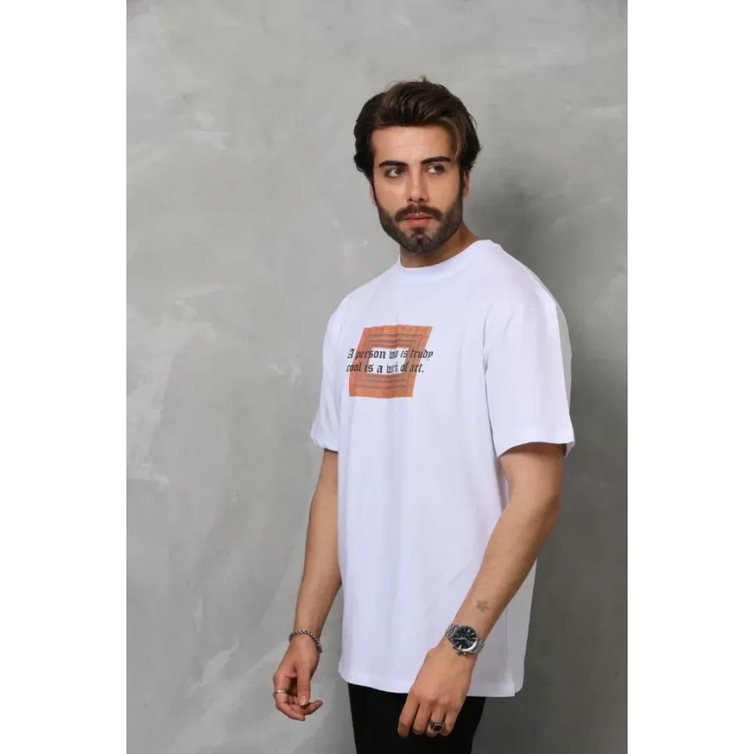 Unisex Bisiklet Yaka Baskılı Oversize T-Shirt - Beyaz - 112311 Unisex Bisiklet Yaka Baskılı Oversize T-Shirt - Beyaz - 112311