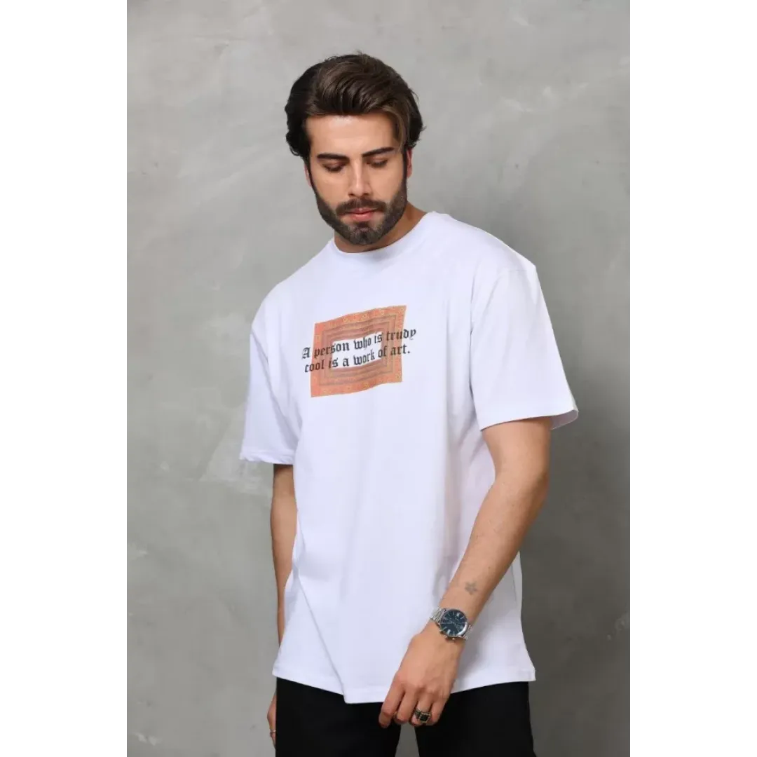 Unisex Bisiklet Yaka Baskılı Oversize T-Shirt - Beyaz - 112311 Unisex Bisiklet Yaka Baskılı Oversize T-Shirt - Beyaz - 112311