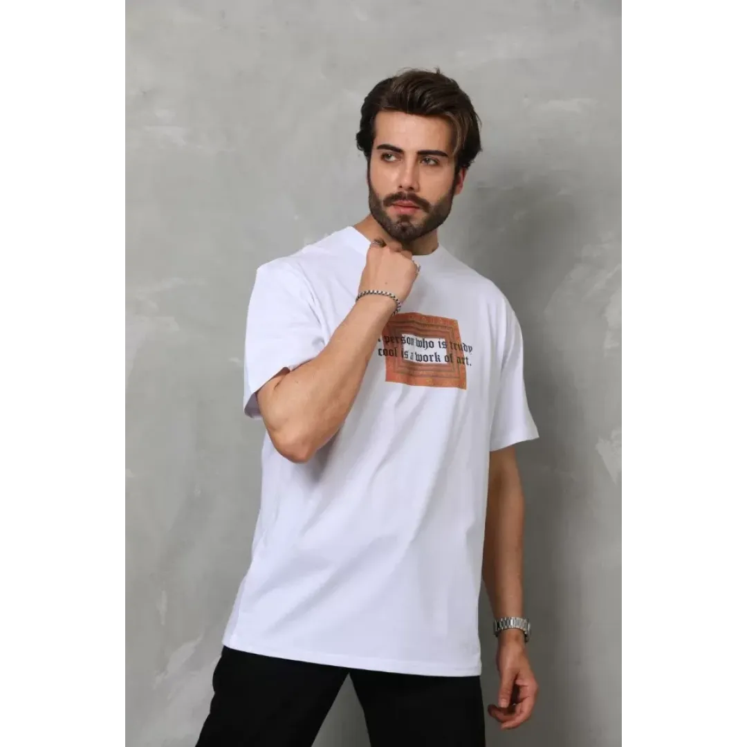 Unisex Bisiklet Yaka Baskılı Oversize T-Shirt - Beyaz - 112311 Unisex Bisiklet Yaka Baskılı Oversize T-Shirt - Beyaz - 112311