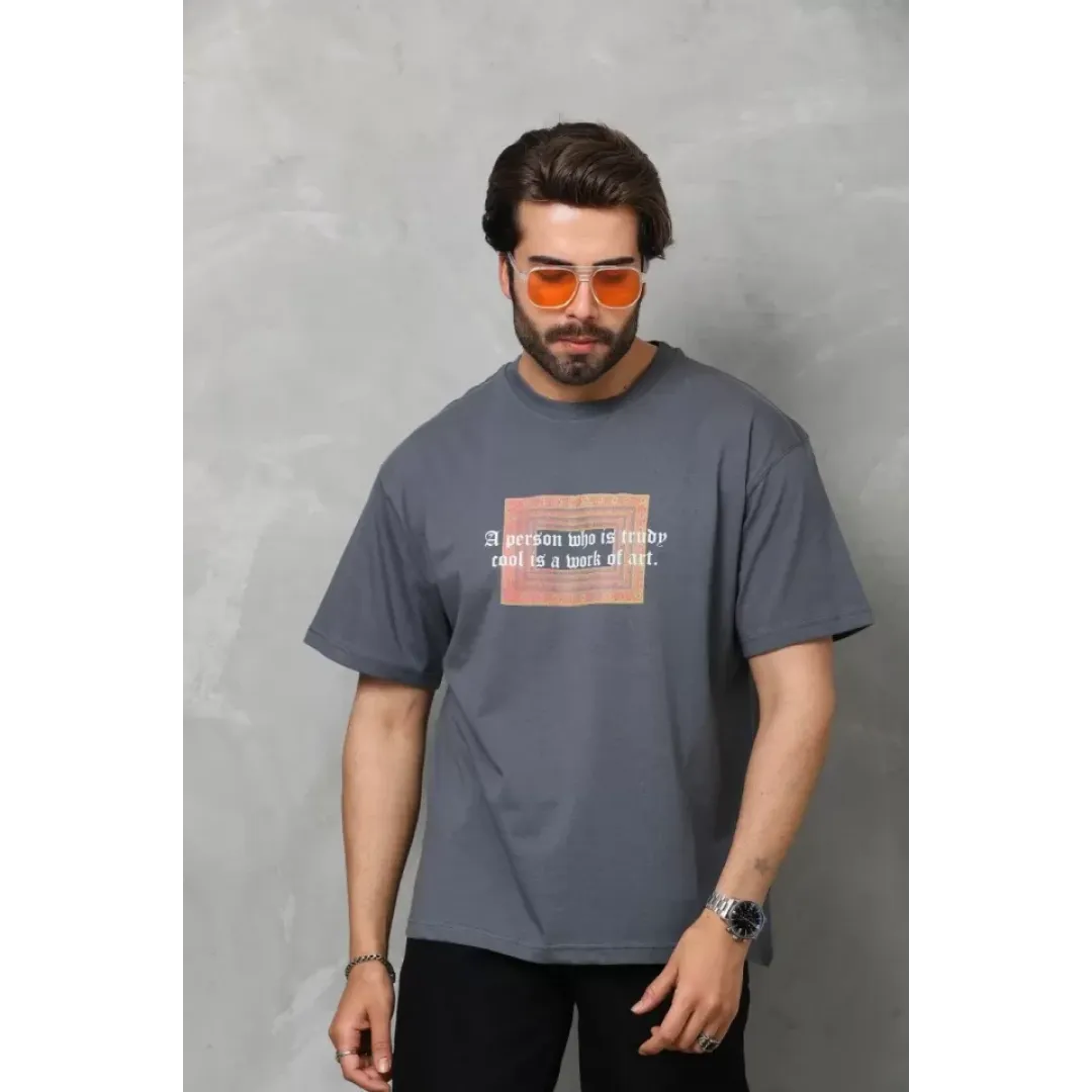 Unisex Bisiklet Yaka Baskılı Oversize T-Shirt - Füme - 112312 Unisex Bisiklet Yaka Baskılı Oversize T-Shirt - Füme - 112312