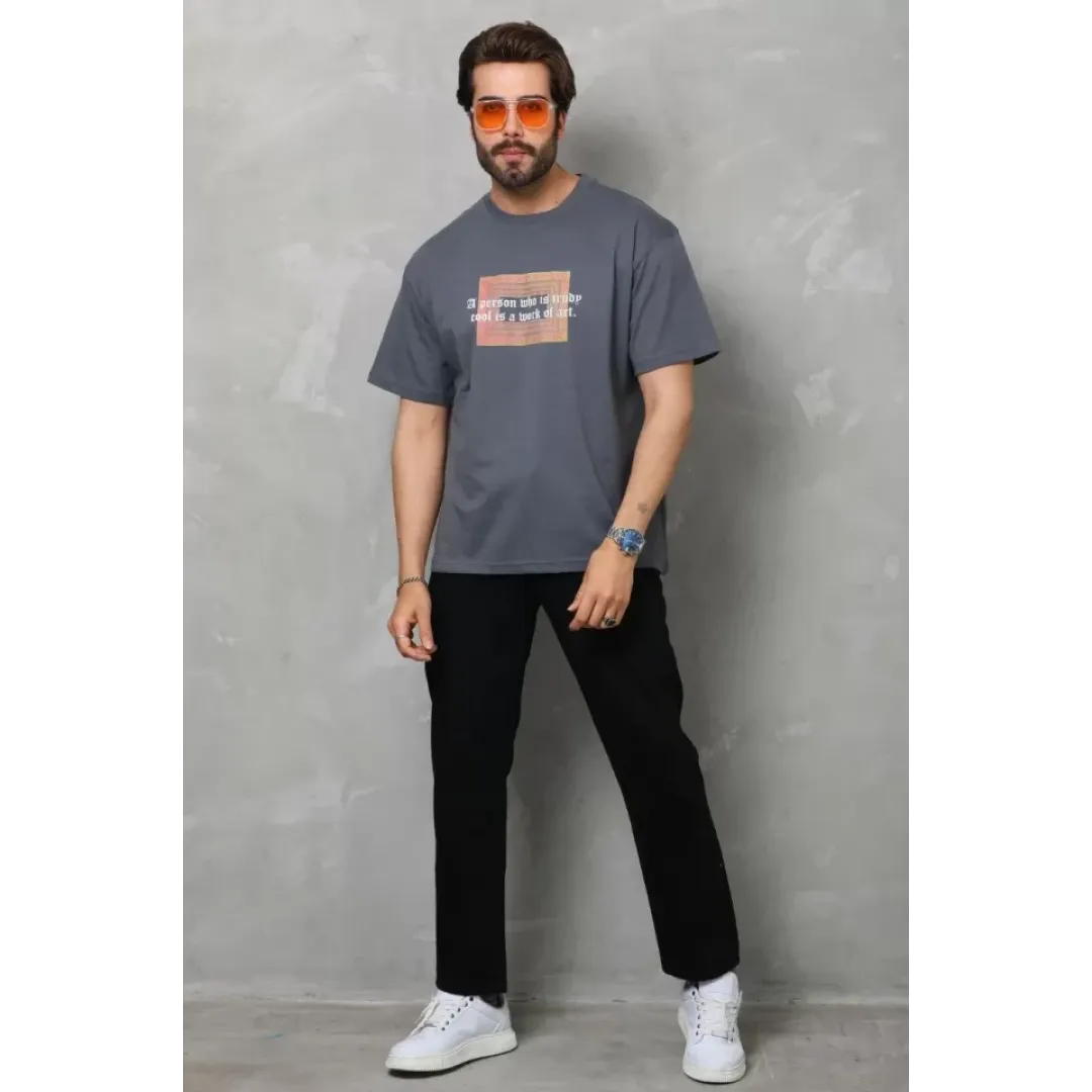 Unisex Bisiklet Yaka Baskılı Oversize T-Shirt - Füme - 112312 Unisex Bisiklet Yaka Baskılı Oversize T-Shirt - Füme - 112312