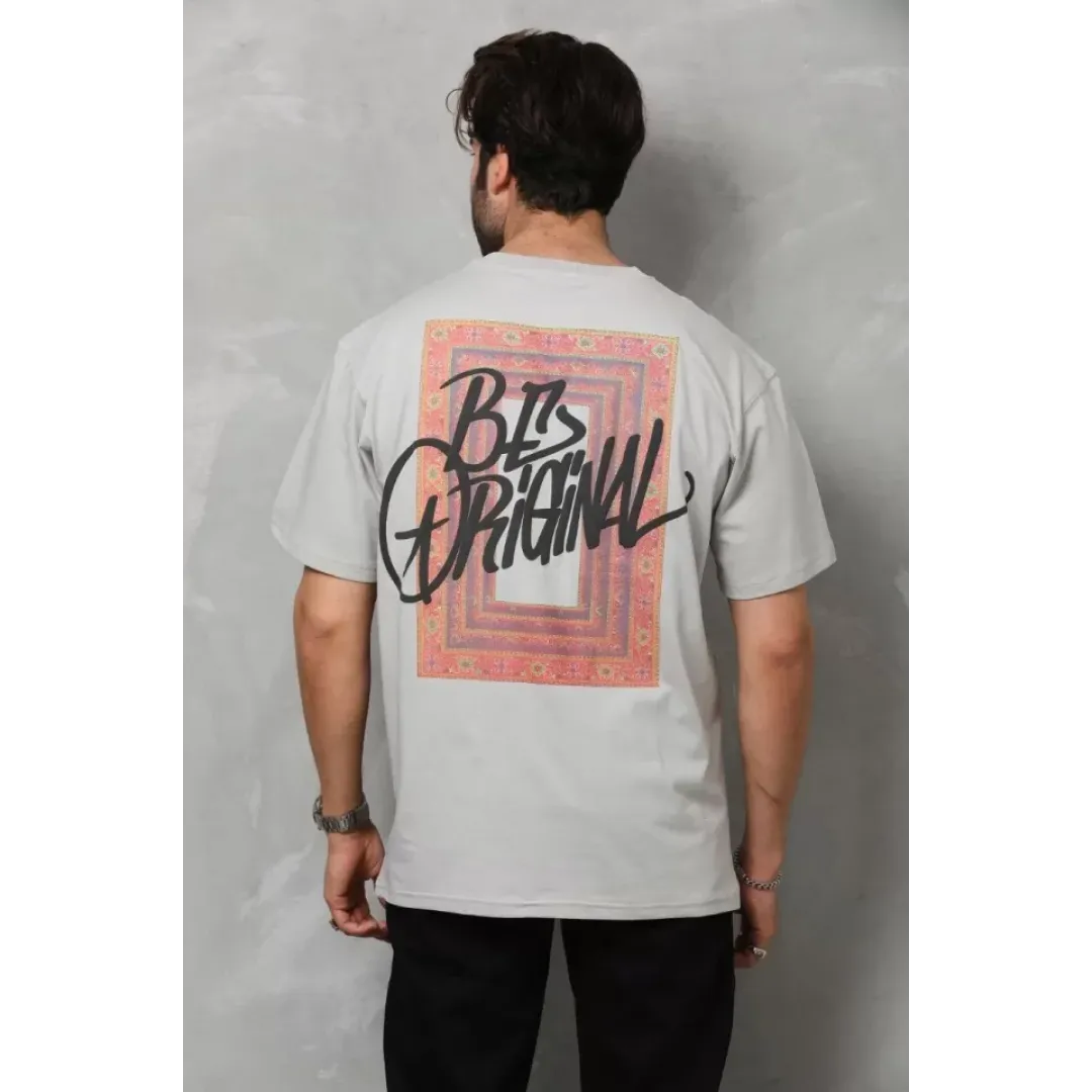 Unisex Bisiklet Yaka Baskılı Oversize T-Shirt - Gri - 112313 Unisex Bisiklet Yaka Baskılı Oversize T-Shirt - Gri - 112313
