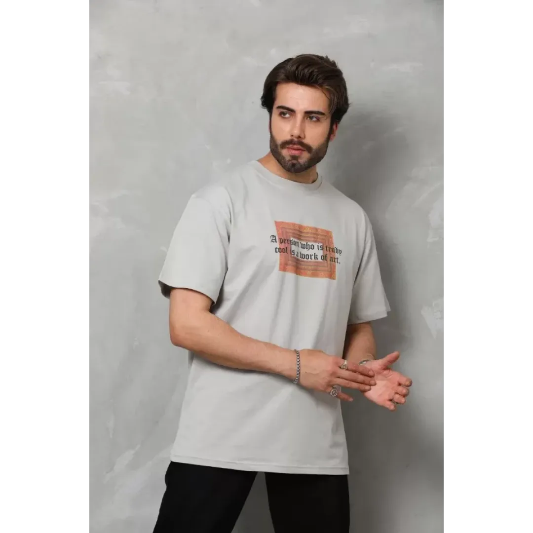 Unisex Bisiklet Yaka Baskılı Oversize T-Shirt - Gri - 112313 Unisex Bisiklet Yaka Baskılı Oversize T-Shirt - Gri - 112313