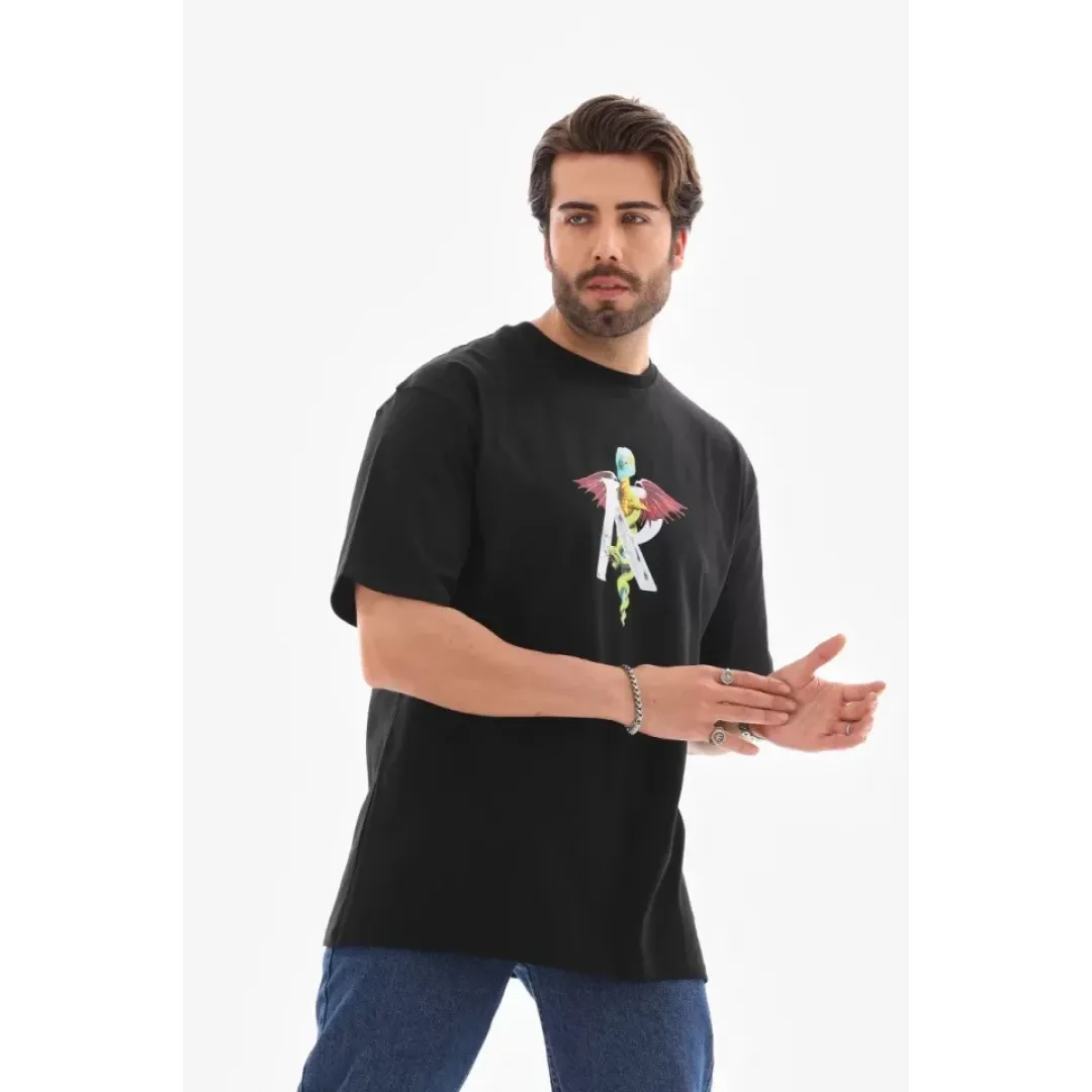 Unisex Bisiklet Yaka Baskılı Oversize T-Shirt - Siyah - 112400 Unisex Bisiklet Yaka Baskılı Oversize T-Shirt - Siyah - 112400