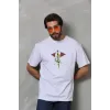 Unisex Bisiklet Yaka Baskılı Oversize T-Shirt - Beyaz - 112401