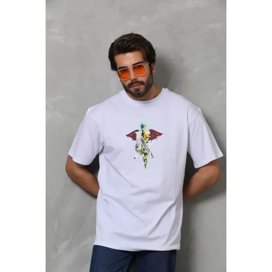Unisex Bisiklet Yaka Baskılı Oversize T-Shirt - Beyaz - 112401