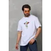 Unisex Bisiklet Yaka Baskılı Oversize T-Shirt - Beyaz - 112401