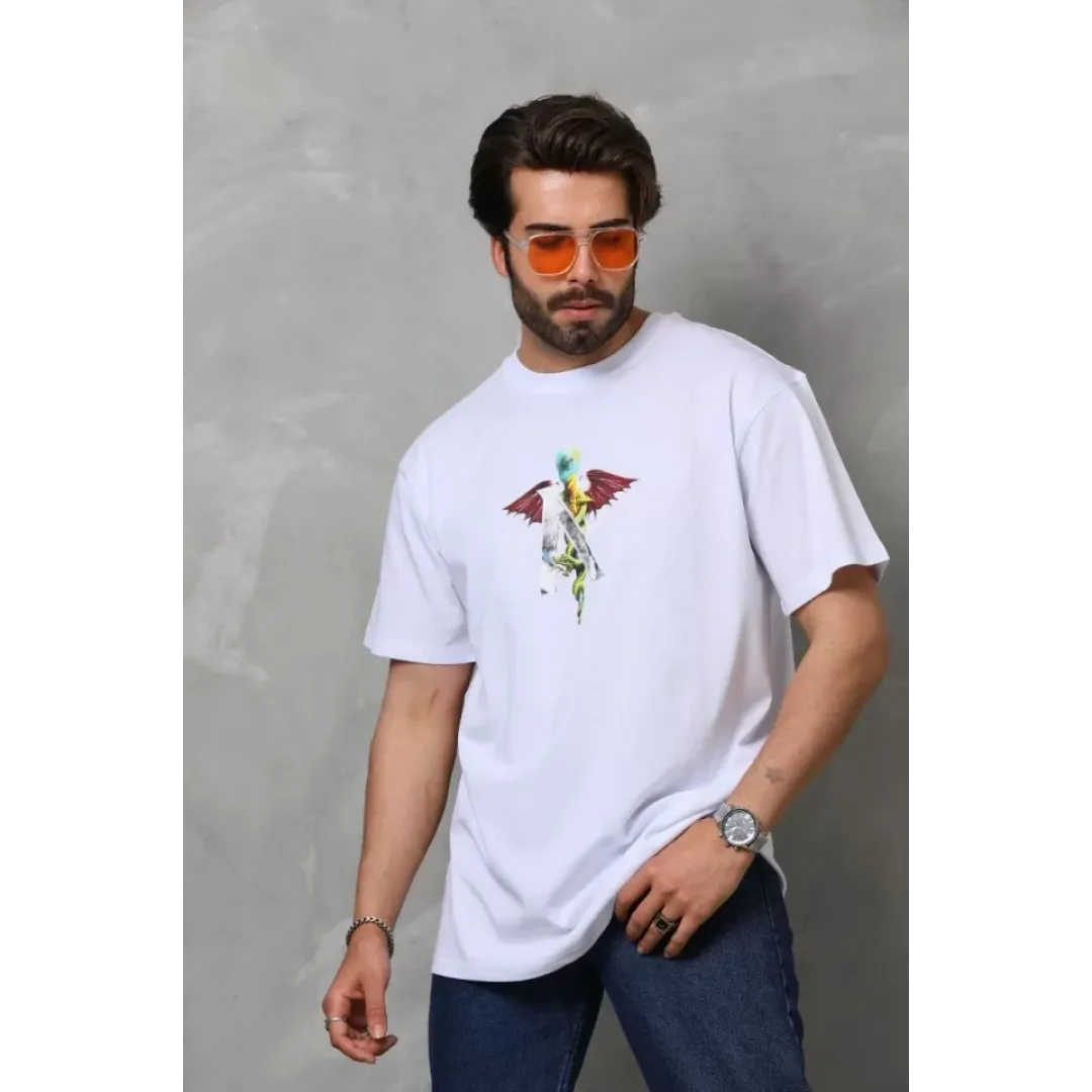 Unisex Bisiklet Yaka Baskılı Oversize T-Shirt - Beyaz - 112401