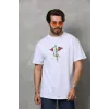 Unisex Bisiklet Yaka Baskılı Oversize T-Shirt - Beyaz - 112401