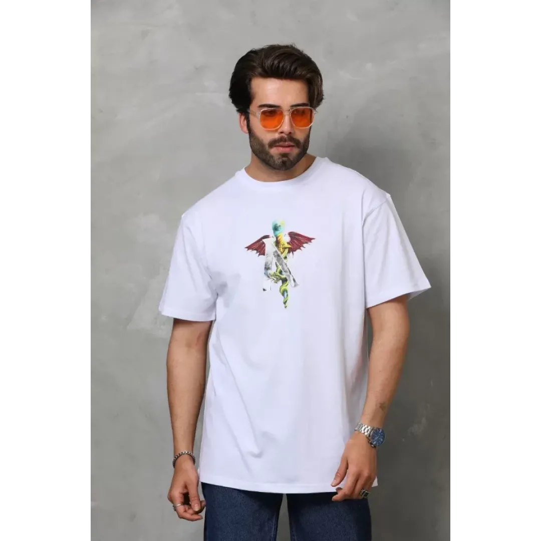 Unisex Bisiklet Yaka Baskılı Oversize T-Shirt - Beyaz - 112401