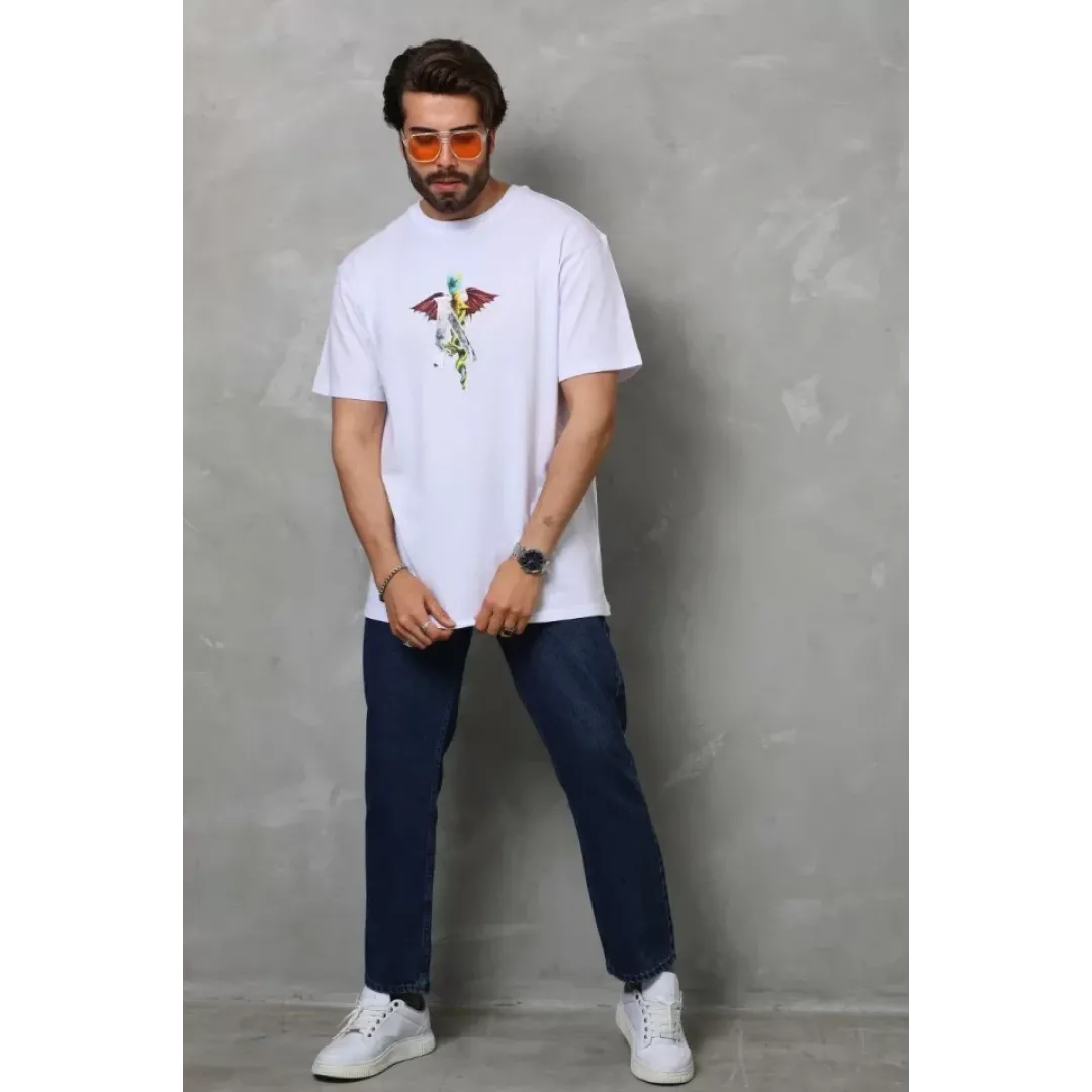 Unisex Bisiklet Yaka Baskılı Oversize T-Shirt - Beyaz - 112401