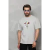 Unisex Bisiklet Yaka Baskılı Oversize T-Shirt - Gri - 112402 Unisex Bisiklet Yaka Baskılı Oversize T-Shirt - Gri - 112402