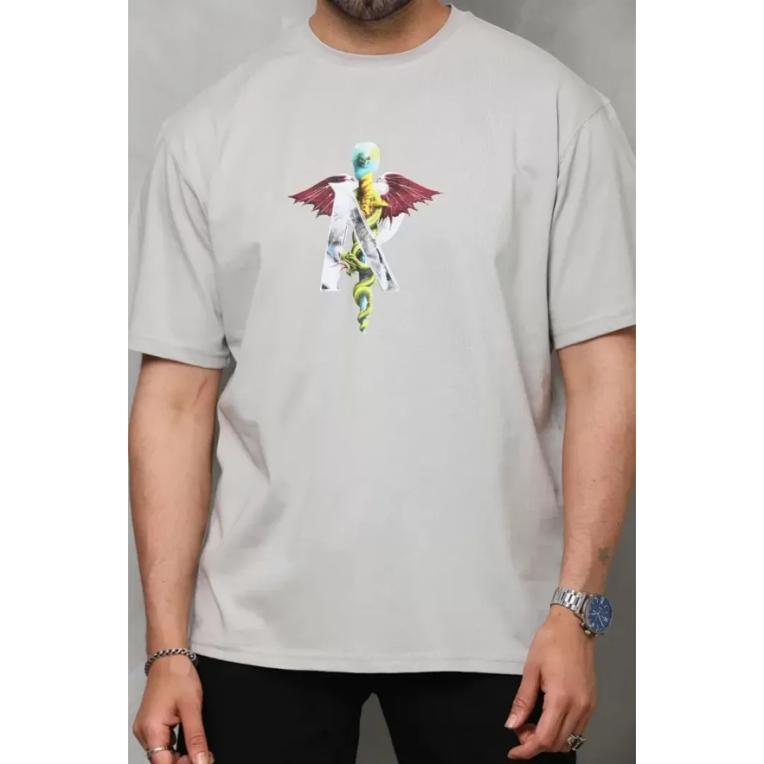 Unisex Bisiklet Yaka Baskılı Oversize T-Shirt - Gri - 112402 Unisex Bisiklet Yaka Baskılı Oversize T-Shirt - Gri - 112402