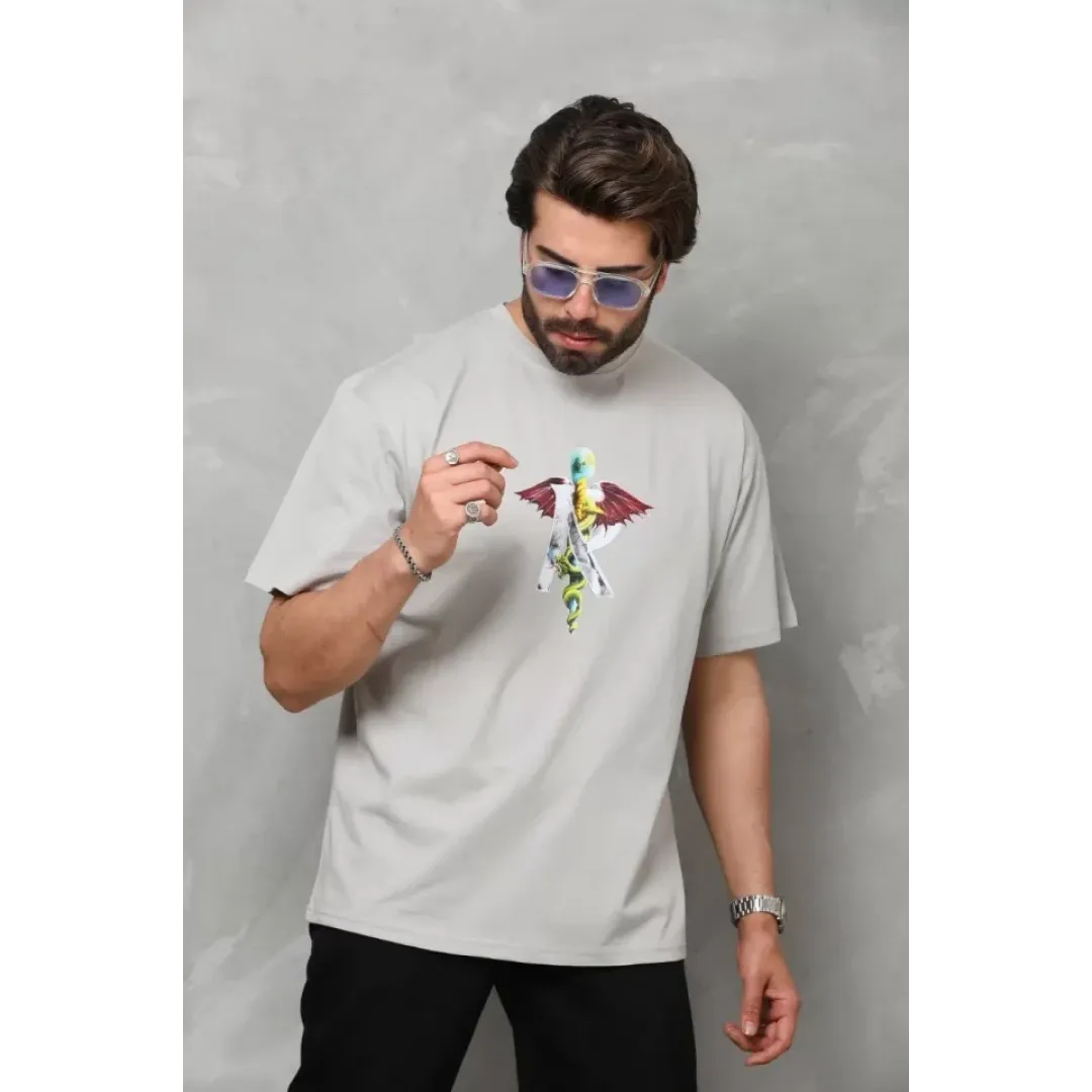 Unisex Bisiklet Yaka Baskılı Oversize T-Shirt - Gri - 112402 Unisex Bisiklet Yaka Baskılı Oversize T-Shirt - Gri - 112402