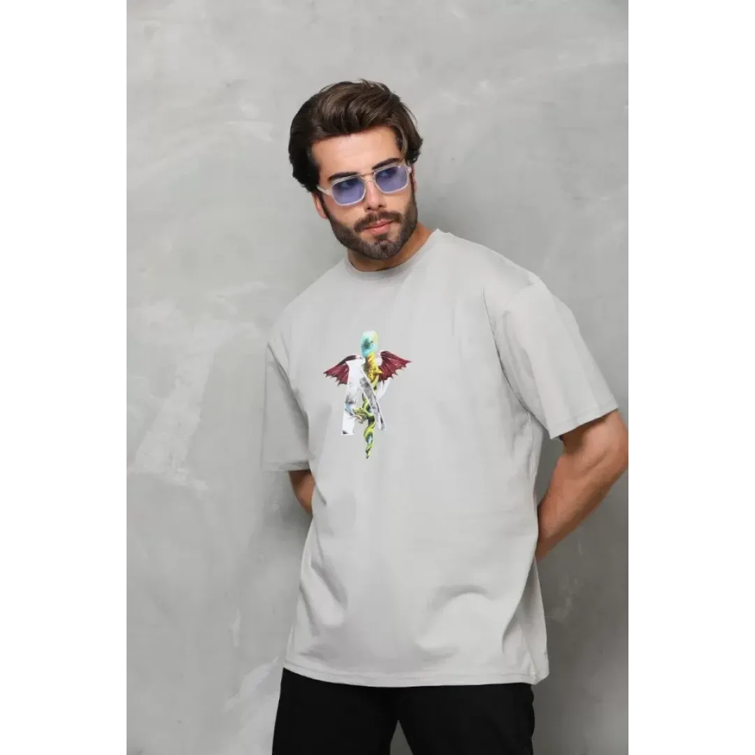 Unisex Bisiklet Yaka Baskılı Oversize T-Shirt - Gri - 112402 Unisex Bisiklet Yaka Baskılı Oversize T-Shirt - Gri - 112402