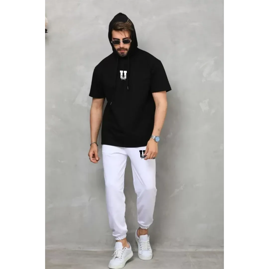 Unisex Kapşonlu Oversize T-Shirt Takım - Siyah - 112404