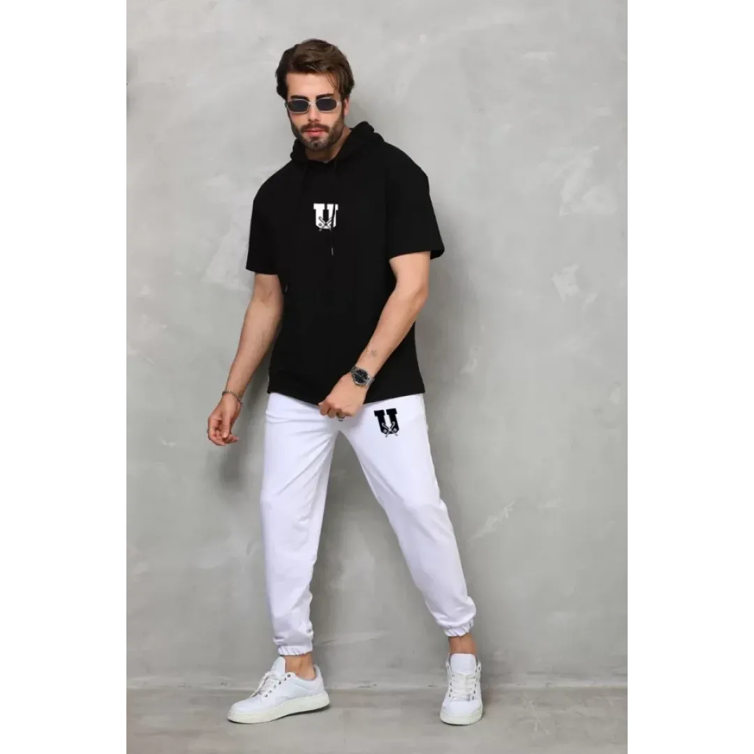 Unisex Kapşonlu Oversize T-Shirt Takım - Siyah - 112404