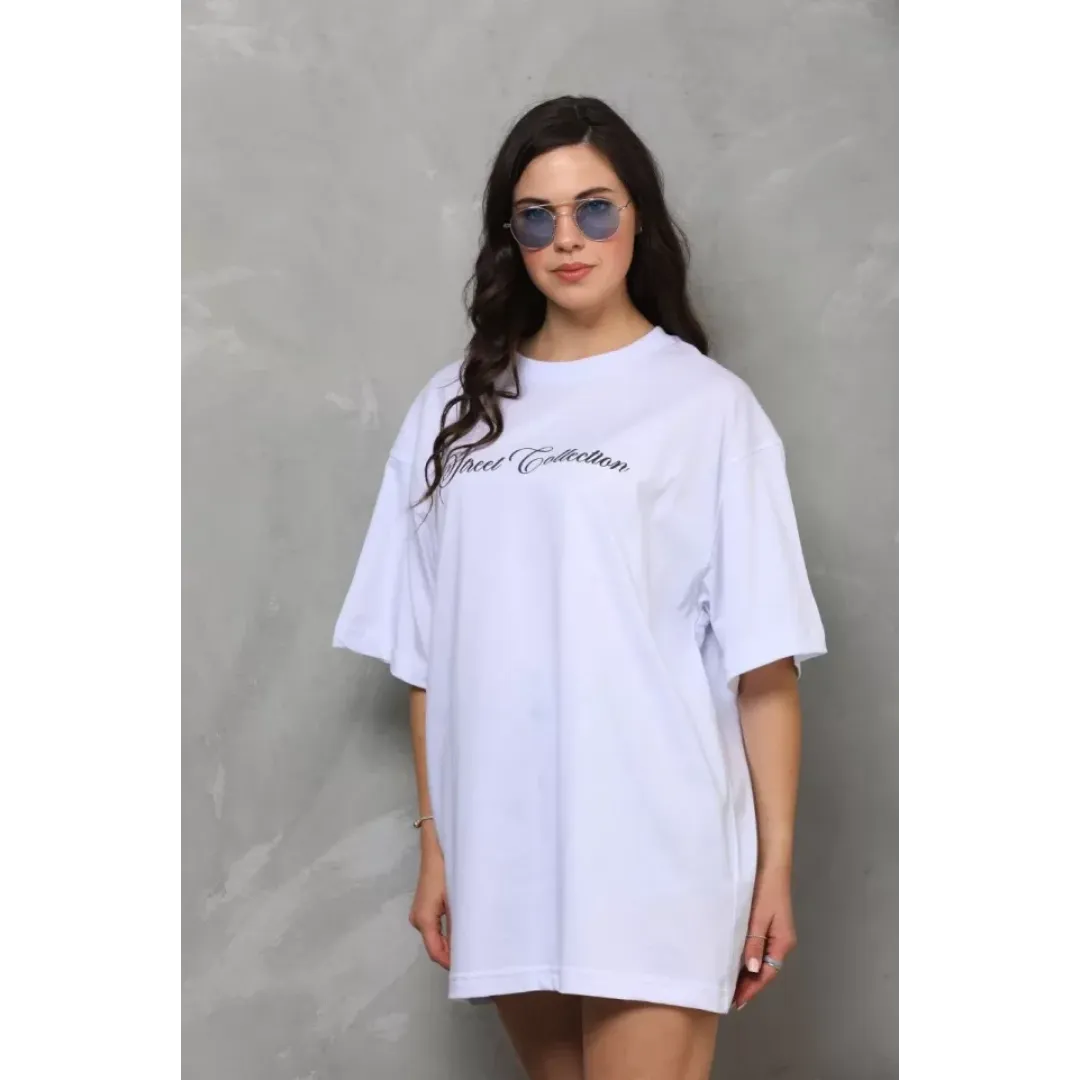 Unisex Bisiklet Yaka Baskılı Oversize T-Shirt - Beyaz - 112554 Unisex Bisiklet Yaka Baskılı Oversize T-Shirt - Beyaz - 112554