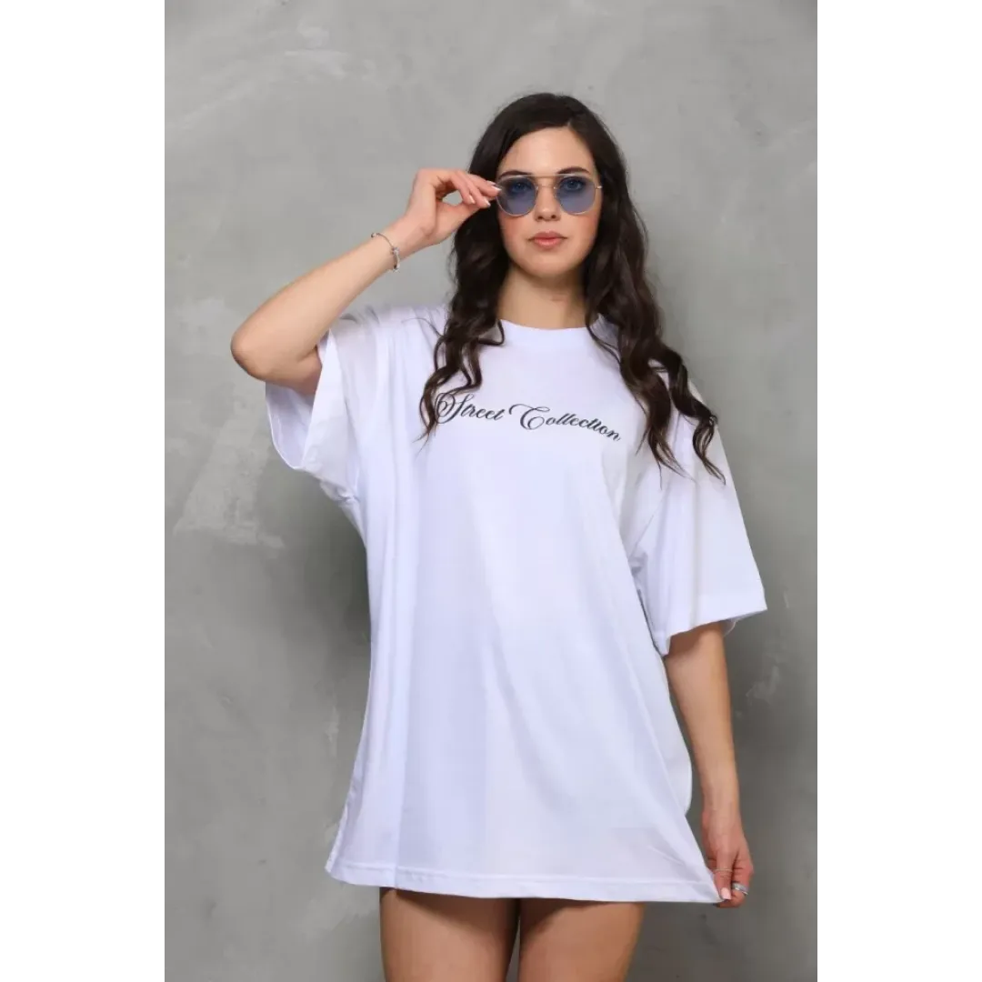 Unisex Bisiklet Yaka Baskılı Oversize T-Shirt - Beyaz - 112554 Unisex Bisiklet Yaka Baskılı Oversize T-Shirt - Beyaz - 112554
