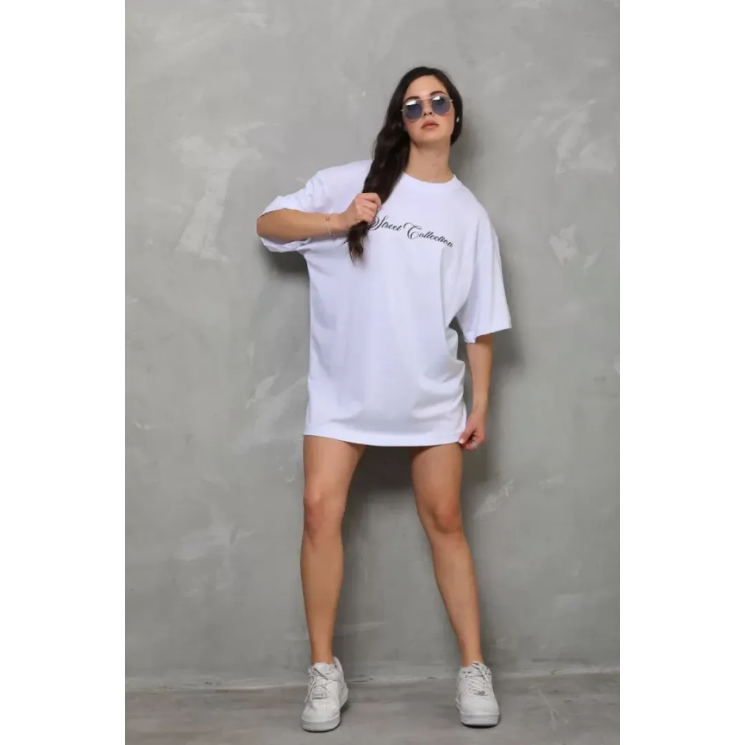 Unisex Bisiklet Yaka Baskılı Oversize T-Shirt - Beyaz - 112554 Unisex Bisiklet Yaka Baskılı Oversize T-Shirt - Beyaz - 112554