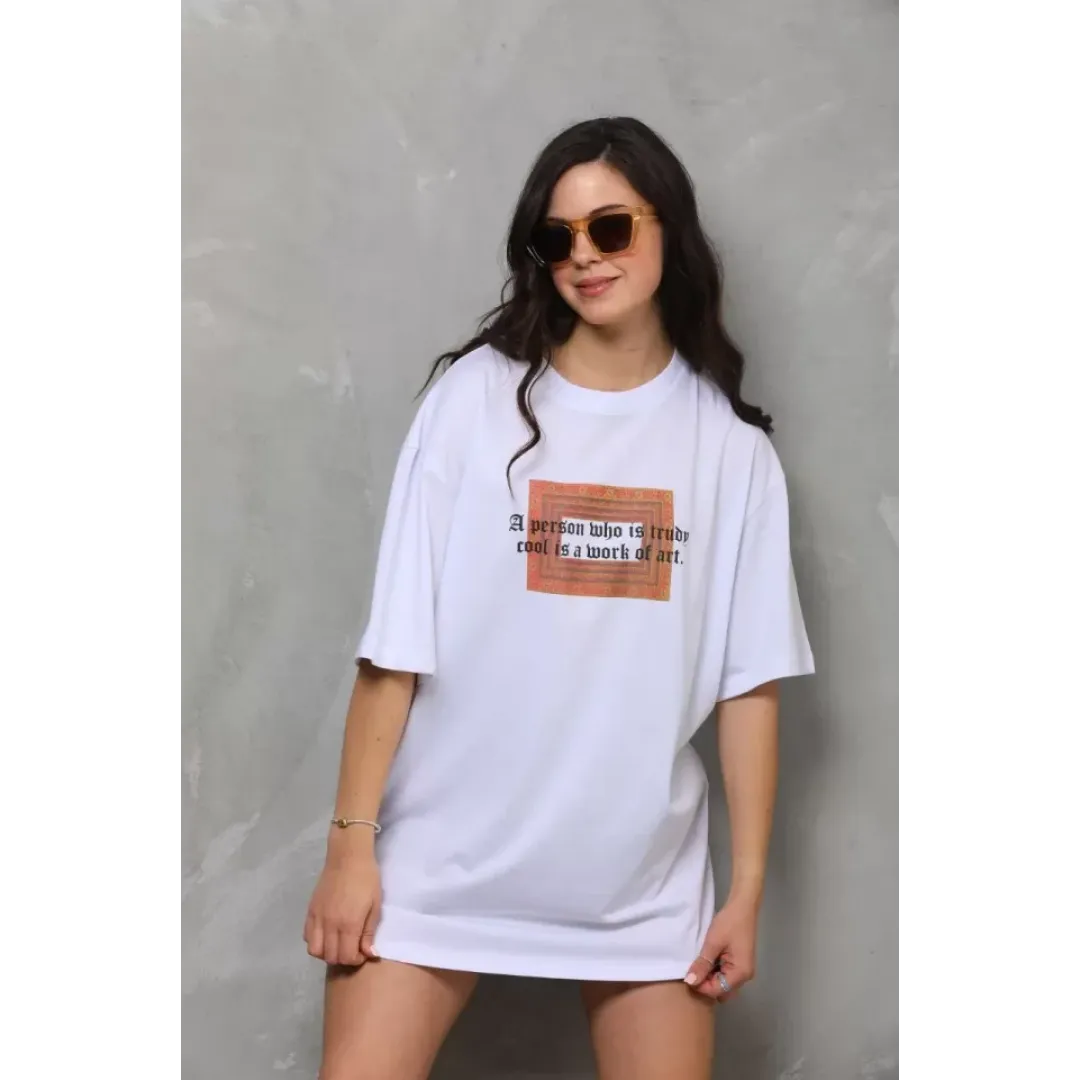 Unisex Bisiklet Yaka Baskılı Oversize T-Shirt - Beyaz - 112556 Unisex Bisiklet Yaka Baskılı Oversize T-Shirt - Beyaz - 112556