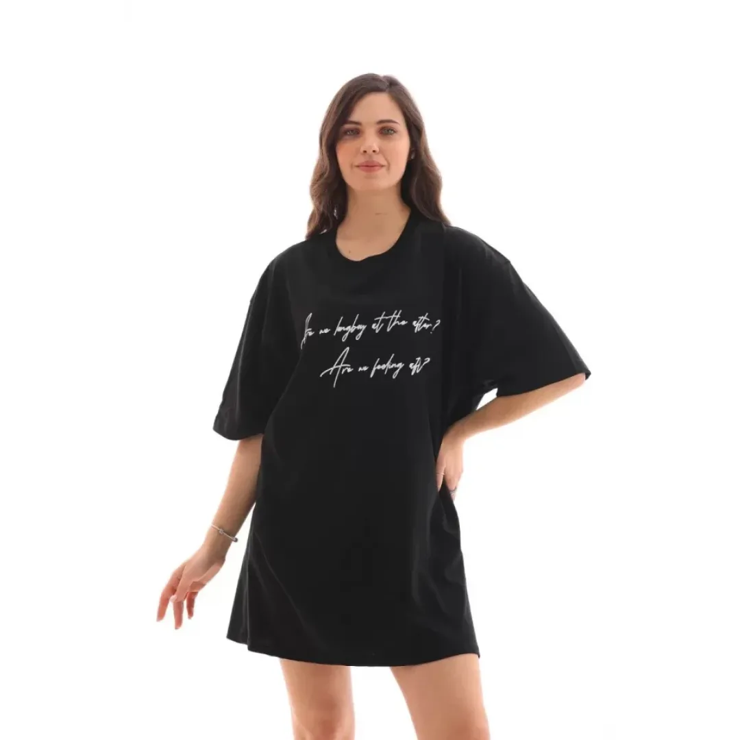 Unisex Bisiklet Yaka Baskılı Oversize T-Shirt - Siyah - 112557 Unisex Bisiklet Yaka Baskılı Oversize T-Shirt - Siyah - 112557